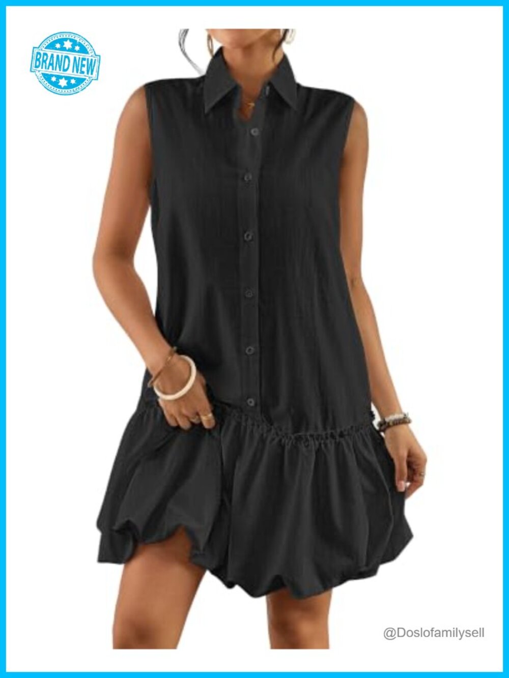 Linen Blend Bubble Mini Dress Sleeveless Button Down Pockets